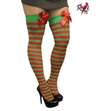 Red and Green Stripe Thigh High Stocking W/Red Bow