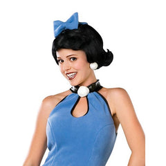 flintstones betty rubble adult costume with bone belt, polar fleece fabric and wig.