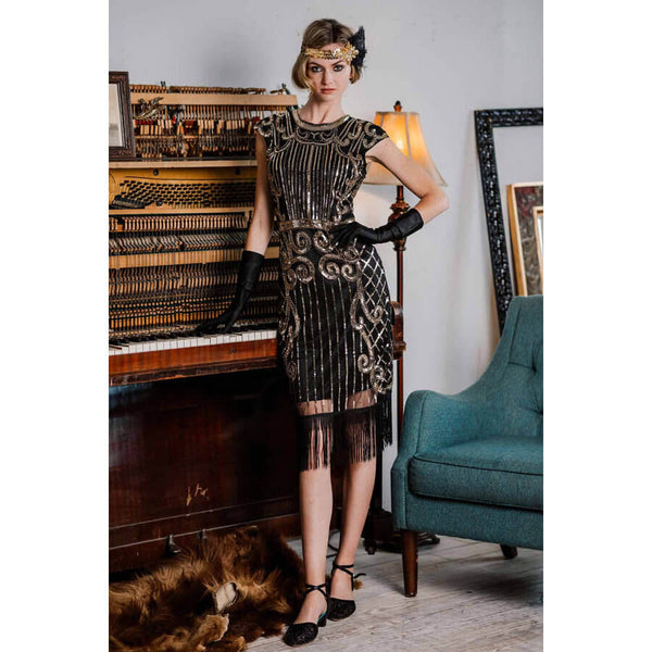 1920s Sequined Flapper Dress - Black & Gold - Hire