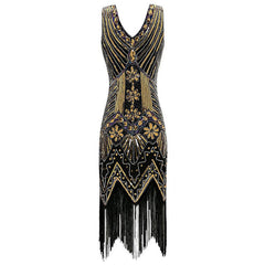 Second back view of black and gold 1920s Art Deco dress