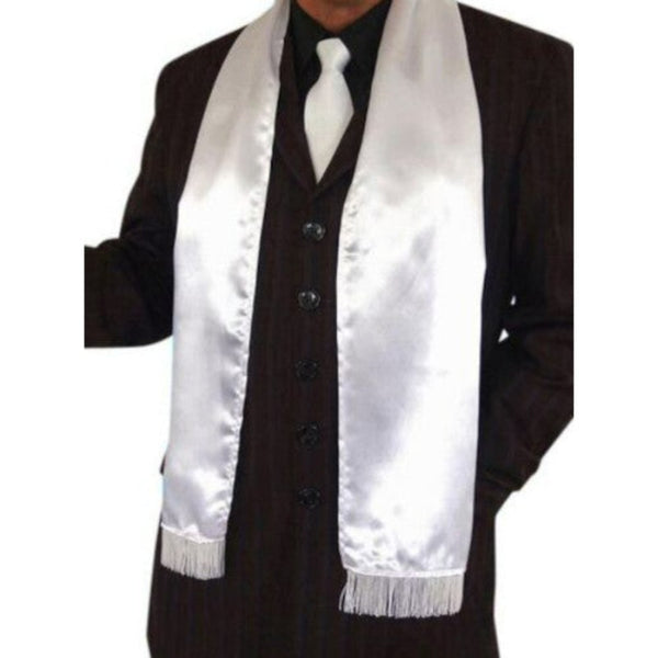 White satin 1920s gangster scarf with white fringe ends