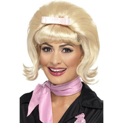 Blonde 1950s Flicked Beehive Wig with pink bow – retro synthetic wig perfect for 50s and 60s parties or vintage character costumes.
