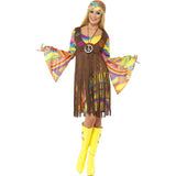 1960s groovy lady costume with psychedelic dress, fringed vest, and headband for hippie parties or festivals