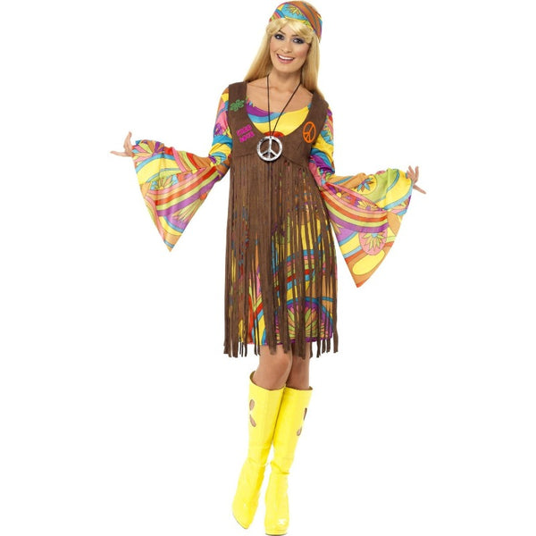 1960s groovy lady costume with psychedelic dress, fringed vest, and headband for hippie parties or festivals