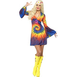 Blue 1960’s tie dye dress with psychedelic swirl print for hippie parties and retro costumes