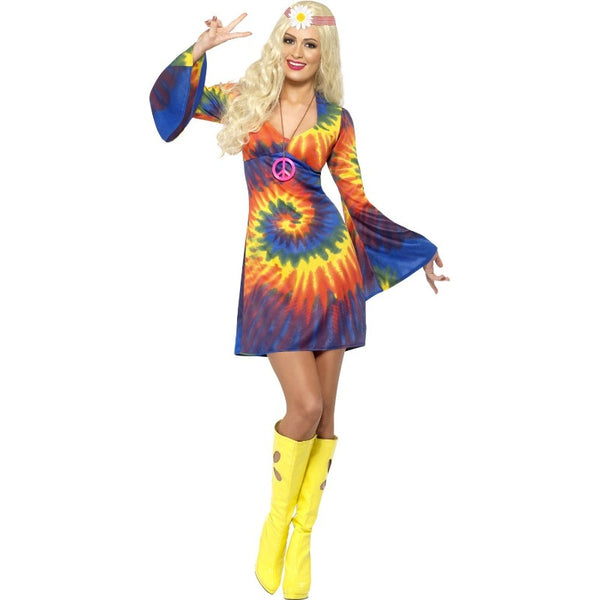 Blue 1960’s tie dye dress with psychedelic swirl print for hippie parties and retro costumes