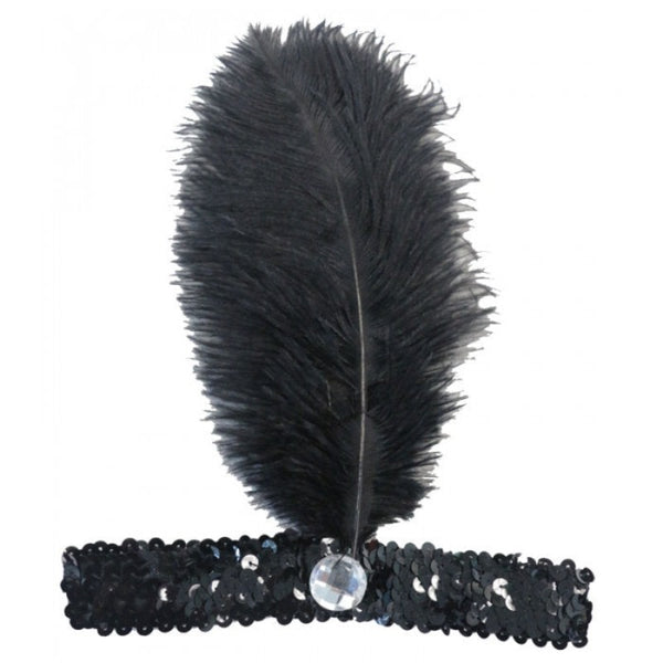 1920s Sequined Headband – black flapper accessory with tall feather for Gatsby or vintage costumes.
