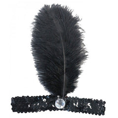 1920s Sequined Headband – black flapper accessory with tall feather for Gatsby or vintage costumes.
