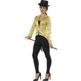 Ladies gold sequin tailcoat, two buttons at the front.