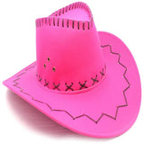 Cowboy Hat in fluro hot pink with contrasting stitching and chin strap.