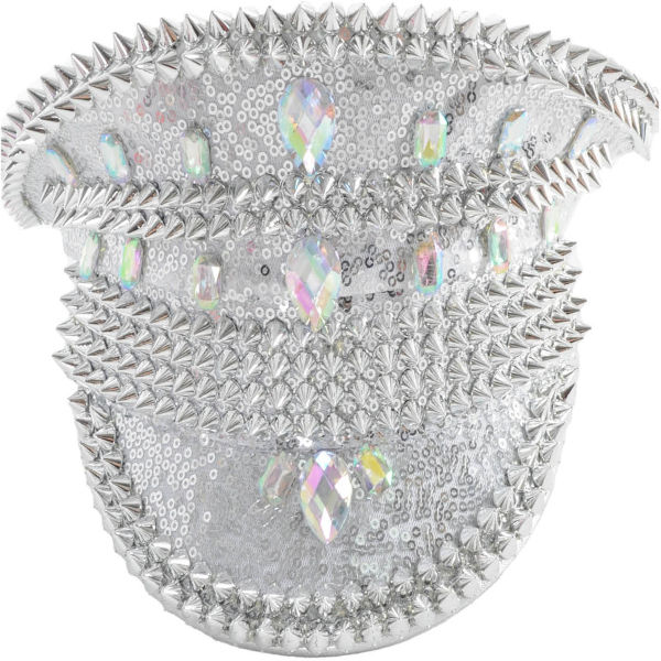 Sequined Festival Hat with Studs-Silver/White
