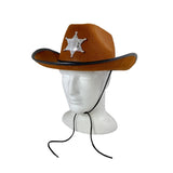 Cowboy Sheriff Hat. Medium brown cowboy hat with plastic sheriff badge and chin strap.
