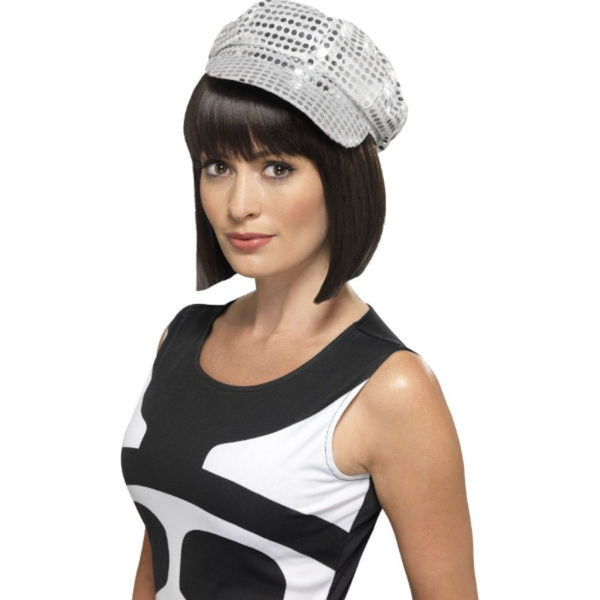 Disco sequin hat, white base with silver sequins, peak.