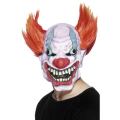 Scary Clown Mask with Hair, promenent teeth, balding head with long orange hair at the sides that sticks up.