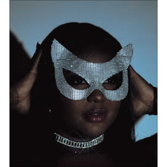 Faux Rhinestone Cat Mask - Silver mask with attached ear shapes.