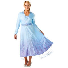 Elsa Deluxe Frozen 2 Adult Costume, calf length blue dress with printed front, V at neckline with glitter insert, sheer cape with snowflake design.