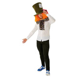 mad hatter accessory kit includes, oversize olive hat, orange hair and large bow tie with lolly print.