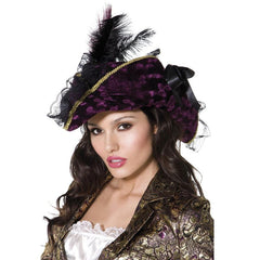 Purple velvet pirate hat with braid ribbons and feathers.