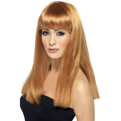 Glamourama Wig in Auburn, long straight with fringe in strawberry blonde.