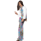 Groovy hippie mens costume, print flares, white shirt with attached print vest with fringing.