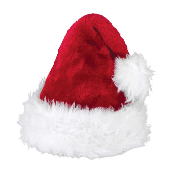 deluxe santa hat from amscan with plush fur trim.