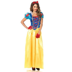 Woman wearing Classic Fairytale Princess Costume with long yellow skirt and red bow headband
