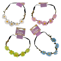 daisy headband with elastic at the back, assorted colors, white, ink, green and blue.