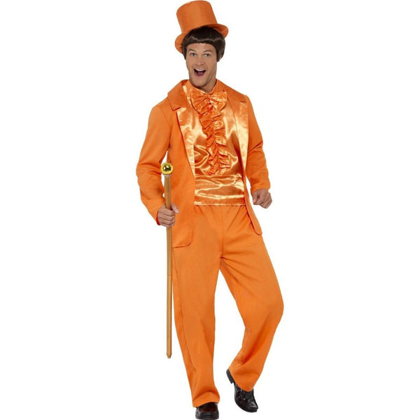 90s-style Orange Stupid Tuxedo Costume featuring a bright orange jacket and matching pants, frilly mock shirt front, and a foldable top hat for easy postage. Perfect for retro and novelty events.