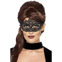 Black lace filigree masquerade eyemask with ribbon ties and elegant detailing.