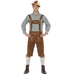 Traditional Deluxe Hanz Bavarian Costume, knee length faux suede lederhosen with green check long sleeve shirt.