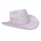 Pink Cowgirl hat with lace overlay and chin strap.