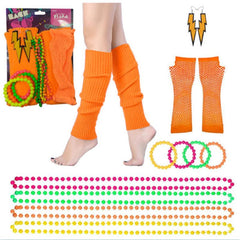 neon pink 80s accessory set includes gloves, leg warmers, bracelets, earrings and necklaces.
