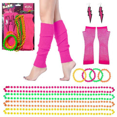 neon pink 80s accessory set includes gloves, leg warmers, bracelets, earrings and necklaces.
