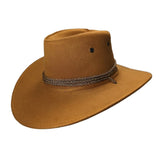 Brown suede cowboy hat with brown cord band and chin strap.