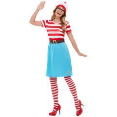 Wheres wally wenda ladies costume, dress with blue skirt, red and white stripe bodice, top and hat.