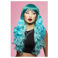 mermaid ombre siren wig in light blue, long wavy heat styleable quality wig.