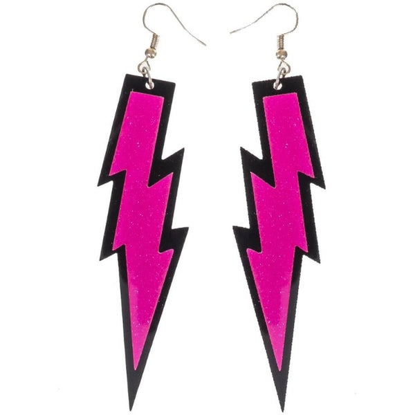Glittery neon 80s lightning bolt earrings in pink with hooks.