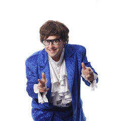 60s blue velvet men's spy suit with frilled shirt and glasses for hire in Brisbane