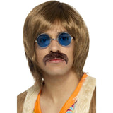 60s Hippie Kit with brown wig, Lennon glasses, and moustache – retro 1960s and 1970s fancy dress accessories