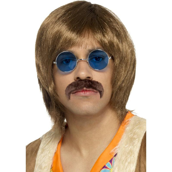 60s Hippie Kit with brown wig, Lennon glasses, and moustache – retro 1960s and 1970s fancy dress accessories
