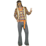 60's hippie singer mens  costume, floral print long sleeve top, brown vest with fur trim, stripe flared pants, headband and belt.