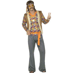 60's hippie singer mens  costume, floral print long sleeve top, brown vest with fur trim, stripe flared pants, headband and belt.