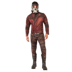 Adult costume resembling the character Star-Lord from the Marvel Cinematic Universe, including a jumpsuit with padding and a mask with red eyes.