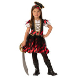 Girls pirate cosutme, dress with black and red skirt, black lace peplum, corset bodice with mini hat.