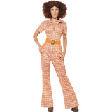70s chic jumpsuit costume in orange and brown