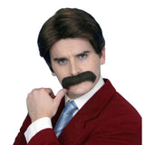 Brown 70s newsreader wig and moustache set with short side-part style for retro and disco costumes.