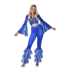 70s blue disco jumpsuit with silver trim by Karnival, snug fitting jumpsuit with 3 frills at hemline, full sleeves and lace up bodice, zip at the back.