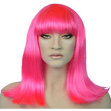 Shoulder length hot pink cleo wig with bangs.