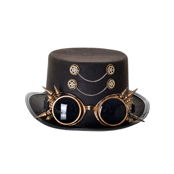 Clockwork Steampunk Black Top Hat with Spiky Goggles
