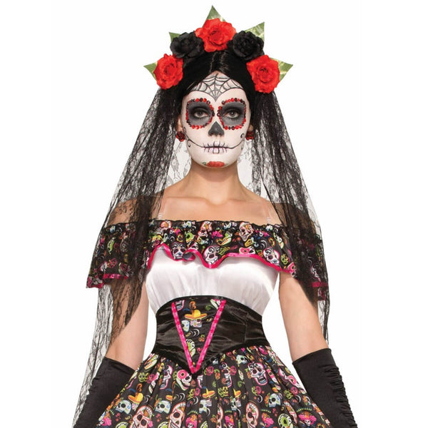 Day of the Dead Black Veil with Floral Headband